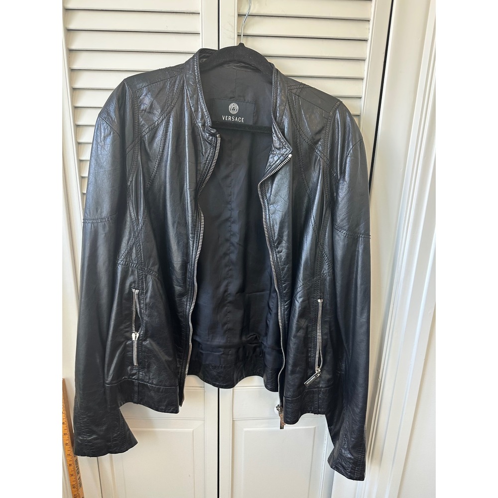 Versace Mens Black Leather Biker Jacket Moto Zip Up Coat Medusa Logo